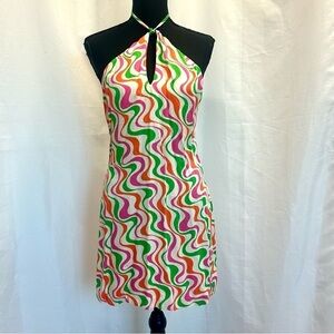 Zara multicoloured swirl print retro 70s peephole halter top mini dress L NWOT